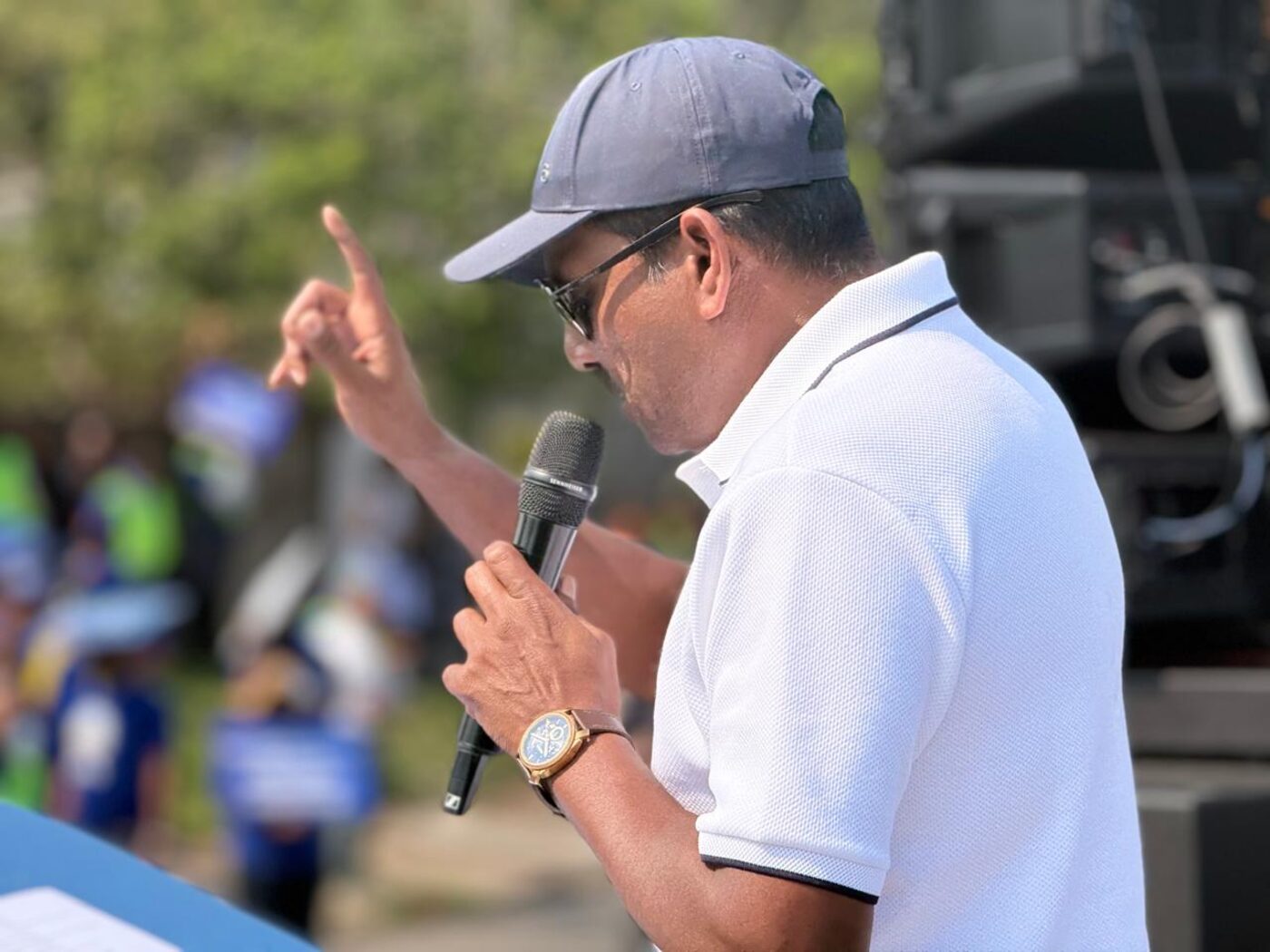 Haniff Hoosen speaking to supporters at the Taps Not Tankers launch